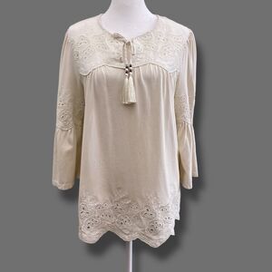 Lauren Ralph Lauren Boho Top Tassel Black Label Cottage Off White Medium